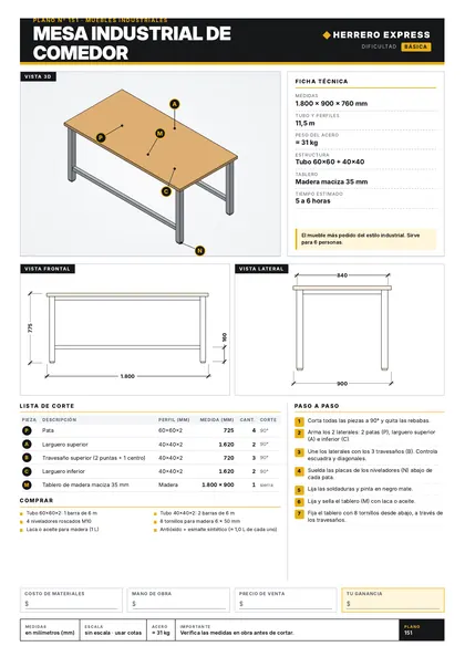 Plano: Mesa industrial de comedor